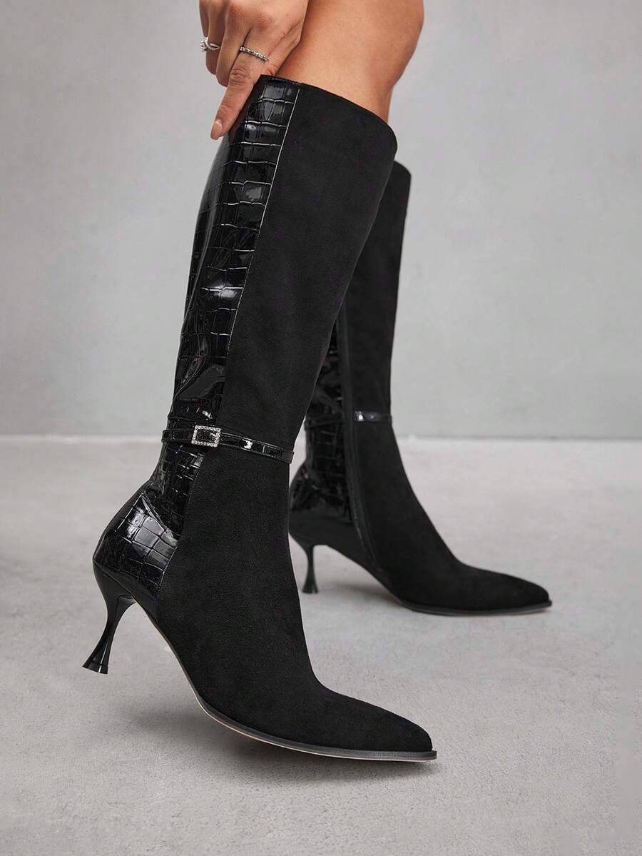CUCCOO SZL 女士过膝长靴，新款秋冬通勤百搭尖头细跟高筒靴，显瘦 - 黑色 - 查看 1