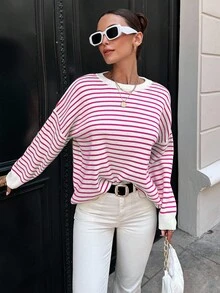 EURMUSE Women’s Striped Drop Shoulder Sweater - Pink - View 3