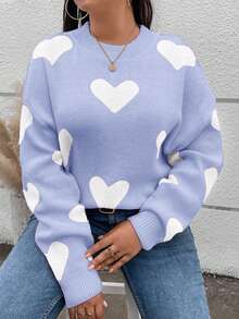 SHEIN Cottnline Plus Size Women Heart Pattern Crew Neck Long Sleeve Casual Pullover Sweater - Blue and White - View 4