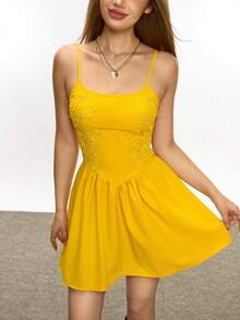 Rina Fox Women's Sexy Low-Cut Bodycon Waist Embroidered Applique Backless Camisole Mini Dress