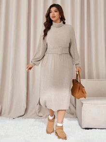 Auralis Vestido casual de manga larga y cuello alto de unicolor para mujer de talla grande