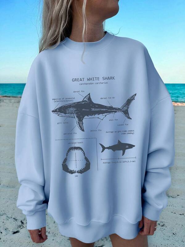 Veykashi Sweat-shirt à capuche ample et épais à manches longues, imprimé minimaliste décontracté de requin bleu, convenant pour l'automne/l'hiver pour femmes