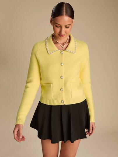 Enchnt 女士优雅通勤珠饰亮片开衫