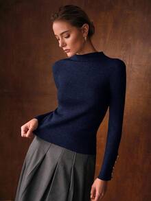 MOTF PREMIUM SIMPLE METAL BUCKLE DECOR BASE LAYER SWEATER - Navy Blue - View 4