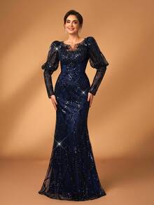 Serin 优雅奢华的藏蓝色珠饰亮片花卉贴花袖美人鱼连衣裙，适合婚礼、派对、度假、舞会、新娘母亲晚礼服、情人节等场合。 - 藏蓝色 - 查看 7