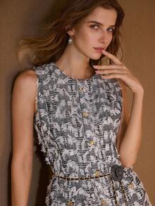 MOTF PREMIUM TWEED ALLOVER PATTERN GOLD BUTTON SHORT DRESS WITH STEREO FLOWER CHAIN BELT - Black - View 2