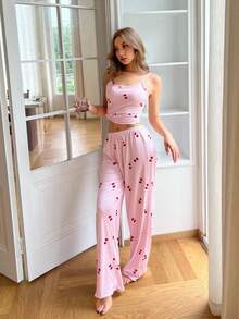 SHEIN 心形印花网眼拼布女式吊带背心和长裤睡衣套装