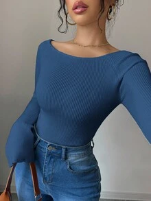 Elenzga 1 Áo len bó tay loe trễ vai cho nữ - Màu xanh hải quân - Xem 8