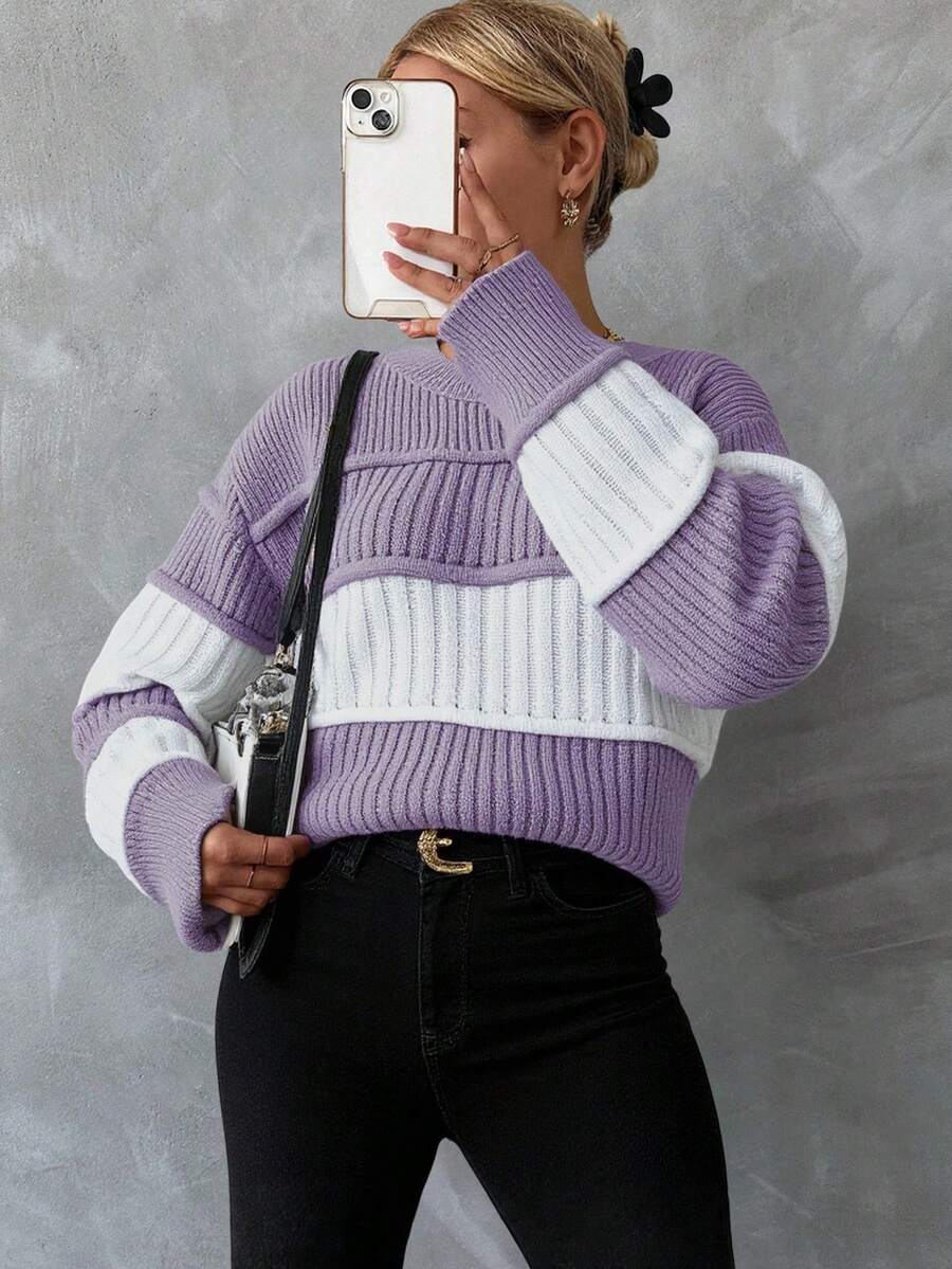 EURMUSE Women's Striped Round Neck Drop Shoulder Sweater - Purple - View 1