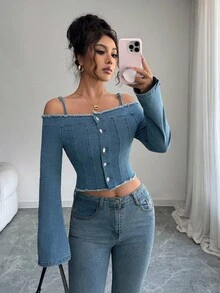 Siren Gaze 1 Peça Blusa Casual Feminina de Mangas Longas Denim com Alças Finas e Ombros à Mostra, Azul