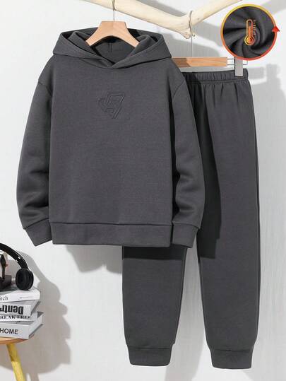 2 件儿童/青少年男童休闲字母压花连帽运动衫和休闲纯色针织裤套装，适合通勤、上学、休闲、旅行、运动、春夏/秋冬