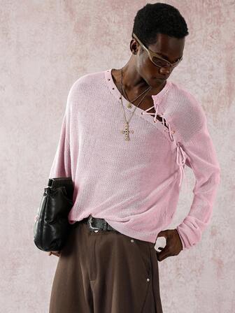 Manfinity Roghcode Herren Lässig Pullover mit Raglanärmeln und Ösen-Schnürdesign, Herbst, Langarm Oberteil