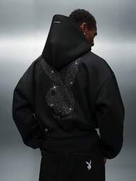 PLAYBOY X SUMWON Men's Cropped Grey Hoodie With Rhinestone Bunny Logo Overhead Pullover With Centre Pocket And Drawstring Hood