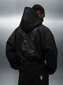 PLAYBOY X SUMWON Men's Cropped Grey Hoodie With Rhinestone Bunny Logo Overhead Pullover With Centre Pocket And Drawstring Hood - Black - View 1