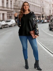 EMERY ROSE Elegant Floral Print Plus Size Women Sweatshirt, Suitable For Autumn/Winter - Multicolor - View 7
