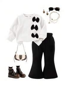 SHEIN Playful Pals 2 piezas Conjunto de niña bebé de verano con sudadera con capucha de manga larga, cuello redondo, simple y linda, con decoración de moño negro en el pecho, combinado con pantalones acampanados negros, adecuado para uso diario y fotografía - Blanco - Ver 1