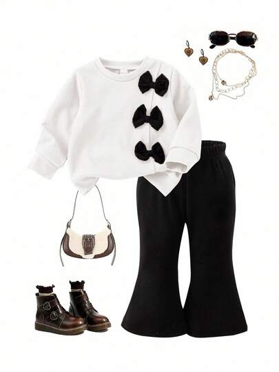 SHEIN Playful Pals 2pcs Infant Girl Summer Fashionable Simple & Cute Brown Long Sleeve Round Neck Hoodie With Black Bow Decor On Chest, Paired With Black Flared Pants Set, Suitable For Daily Wear & Photography