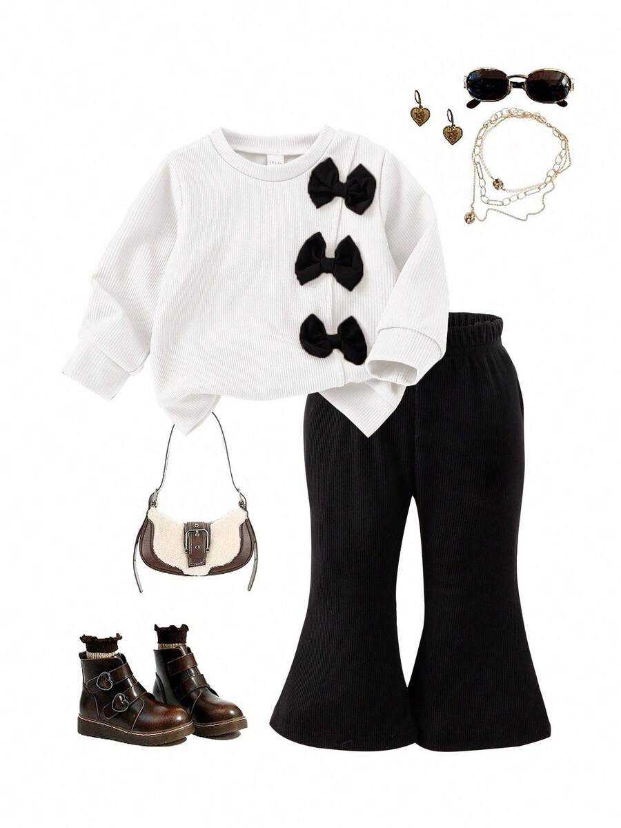 SHEIN Playful Pals 2 piezas Conjunto de niña bebé de verano con sudadera con capucha de manga larga, cuello redondo, simple y linda, con decoración de moño negro en el pecho, combinado con pantalones acampanados negros, adecuado para uso diario y fotografía - Blanco - Ver 1