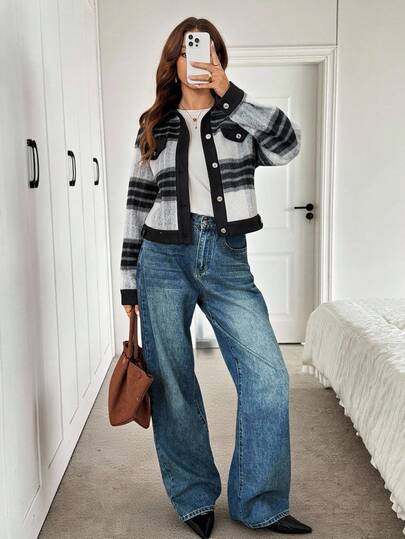 SHEIN LUNE Women's Casual Loose Elegant Commuter Wool Jacket With Lapel, Button, Contrast Color Block, Black And White Plaid Pattern Fall Outfits For Women Striped Cardigan