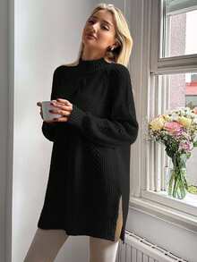 EURMUSE Women's Solid Color Cable Pattern Mini Sweater Dress - Black - View 6