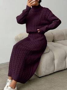 EURMUSE Women's Casual Solid Color Turtleneck Sweater And Knit Skirt 2 Pieces Set, Autumn/Winter,Petite - Burgundy - View 5