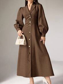 Heiryn 女式纯色前扣优雅长袖连衣裙 - 棕色 - 查看 4