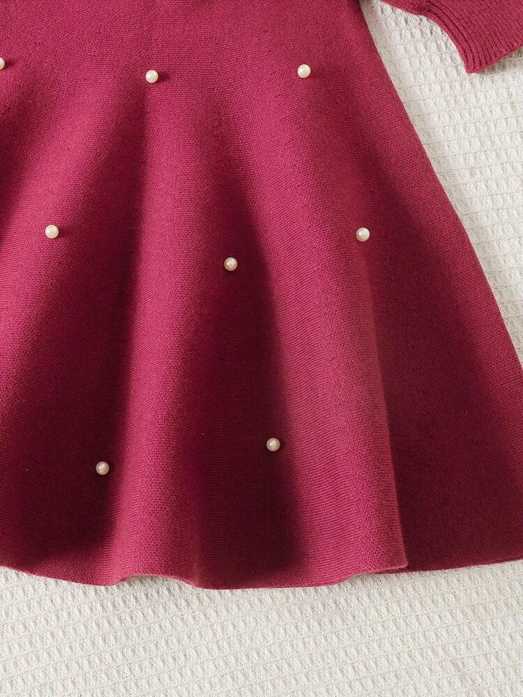 SHEIN Tween Girl Beaded Loose Long Sleeve Turtleneck Sweater & Ruffle Hem Elegant A-Line Skirt Set Autumn Winter Clothes For Women - Burgundy - View 3