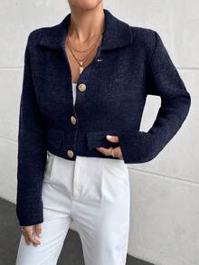 EURMUSE Long Sleeve Solid Minimalist Button Front Casual Blouse - Navy Blue - View 3