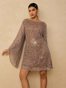 Freevana Váy cổ thuyền tay loe đính sequin thanh lịch cỡ lớn, mùa thu - Rượu sâm banh - Xem 6