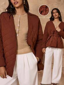 Chiquease Women's Autumn/Winter Cotton Jacket, V-Neck, Rhombus Pattern, Quilted Fabric, Waist Tie Decor, Side Patch Pockets, Casual Loose Fashion Design - Brown - View 1
