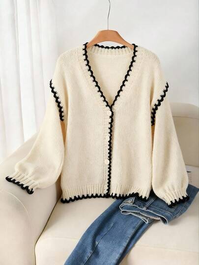 Franclia Plus Size Minimalist Casual Solid Color Contrast Trim Cardigan Sweater, Autumn/Winter