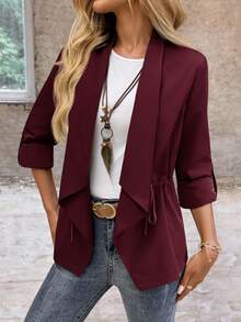 EMERY ROSE Áo khoác trench coat nữ tay dài, eo rút dây màu trơn, mùa thu - Màu Đỏ Sâu - Xem 5