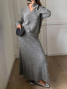 DAZY 女士休闲针织毛衣和裙子两件套，秋季 - 灰色 - 查看 1