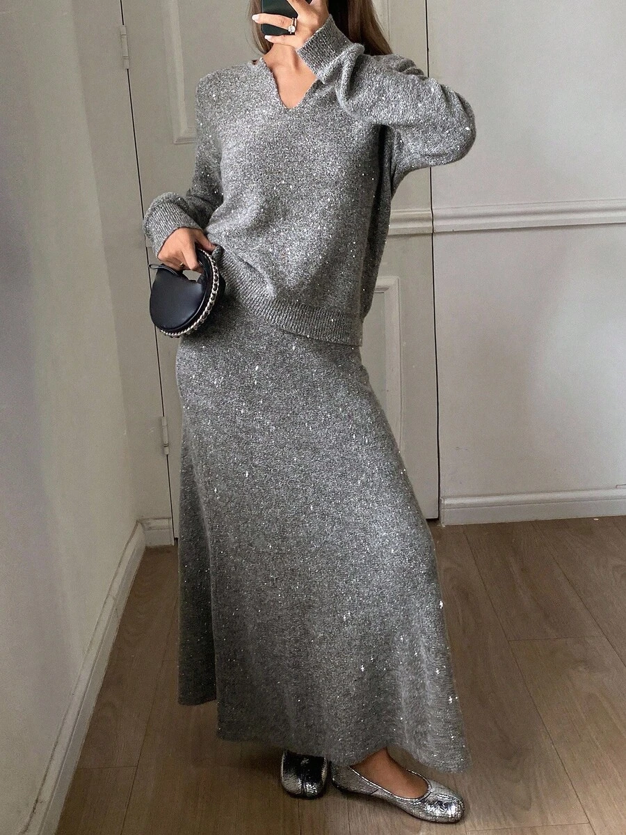 DAZY 女士休闲针织毛衣和裙子两件套，秋季 - 灰色 - 查看 1