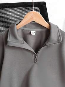 SHEIN Tween Girl Casual Basic Half-Zip High Neck Long Sleeve Sweatshirt - Grey - View 3