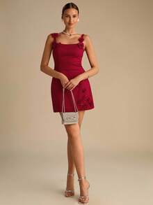 Enchnt Fall/Winter Romantic Women's Red 3D Floral Decor Square Collar Fitted Camisole Mini Dress,Chic&Elegant For Date&Wedding Guest&Prom&Party&Going Out&Halloween&Christmas,Autumn Dresses For Women,Fall Clothes For Women,Autumn Outfits For Women - Red - View 4