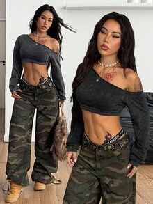 Coolane 女式秋季简约 Y2K 休闲街头风基本款棉质弹力水洗垃圾脏污不对称领口长袖短款 T 恤 - 黑色 - 查看 3