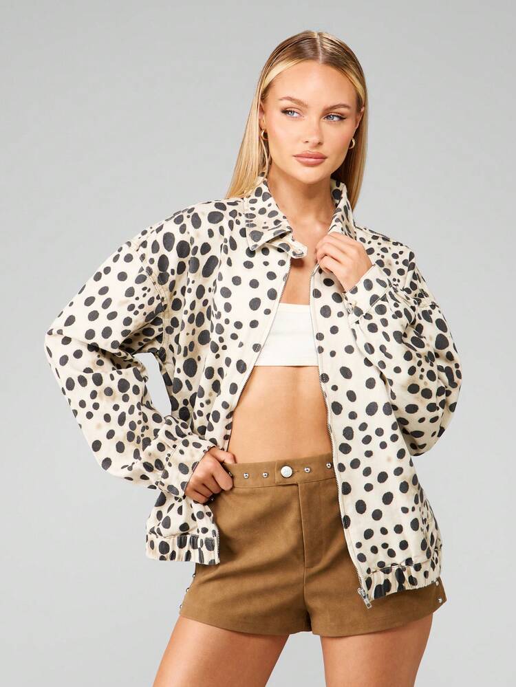MISSGUIDED Dalmatian Print Denim Bomber Jacket With Full Length Zipper And Puffy Sleeves Fall Winter Fashion Statement Piece Abstract Animal Pattern Outerwear