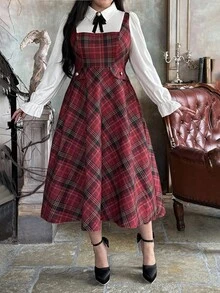 Lyrianda Christmas Plus Size Women's Turndown Collar Half-Open Front Shirt Collar 2 In 1 Red Plaid Contrast Color Button Elegant Retro Casual Midi A-Line Dress