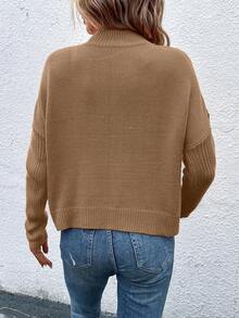 EMERY ROSE Sweater Pullover Kasual Lengan Panjang Kerah Tegak Bahu Longgar Warna Polos untuk Wanita, Musim Gugur/Dingin - Unta - View 2