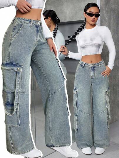 SHEIN 少女时尚休闲 Y2K 复古酷炫街头工装牛仔裤秋冬