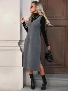 Easowa 女士休闲纯色羊毛无袖V领开衩中长连衣裙，适合秋冬季日常穿着 - 深灰色 - 查看 6