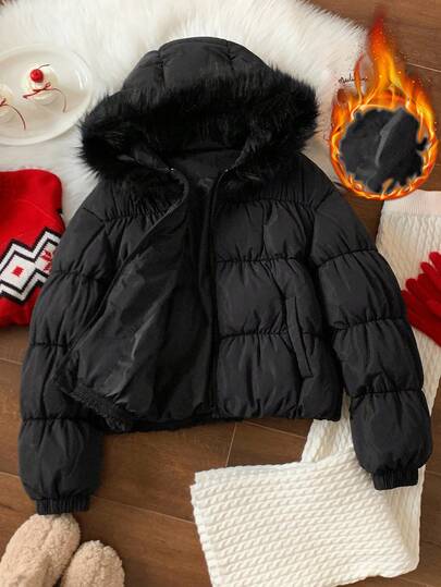 Comfortcana 女式纯色长袖拉链领休闲拼接人造毛皮连帽冬季夹克