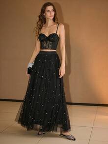 MOTF PREMIUM 浪漫优雅仿珍珠网眼裙 - 黑色 - 查看 1