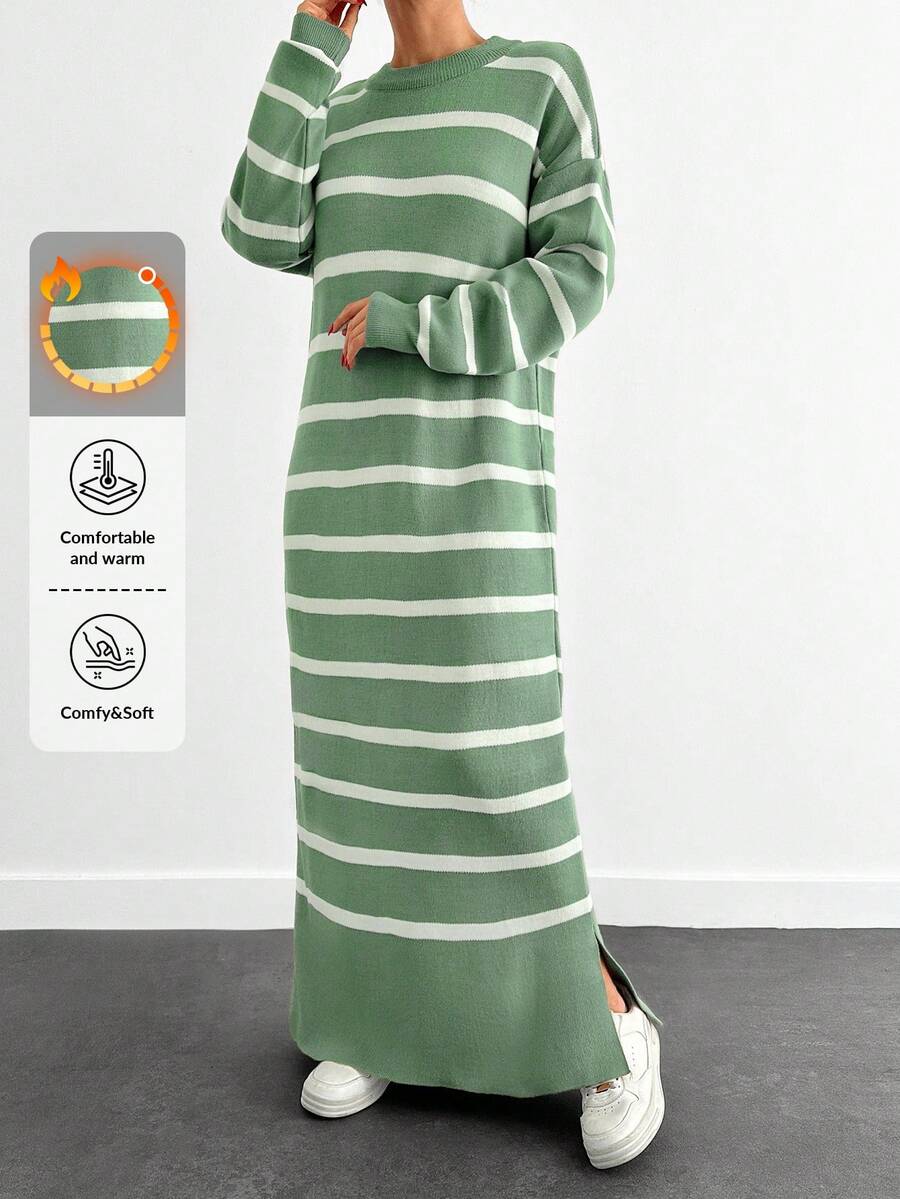 EURMUSE Striped Contrast Color Pullover Loose Knit Long Sleeve Sweater Dress - Mint Green - View 1