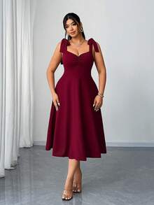 Elenzga Plus Size Women's Elegant Romantic Ruched A-Line Camisole Dress, Red, Spring/Autumn - Burgundy - View 5