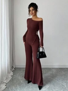 Elenzga 女士时尚休闲两件套，不对称肩部褶饰下摆金属装饰长袖罗纹针织修身 T 恤 + 罗纹针织修身喇叭裤 - 棕色 - 查看 6