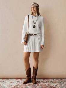 SoleilVie 2pcs/Set Collegiate Style Women Sweater & Skirt Outfit, Christmas - White - View 4