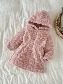 SHEIN 婴儿/女宝宝时尚花卉3D毛绒长袖连帽连衣裙，粉色 - 粉色 - 查看 3