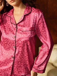 动物图案提花编织女士睡衣套装，度假，冬季服装 - 玫紅色 - 查看 7